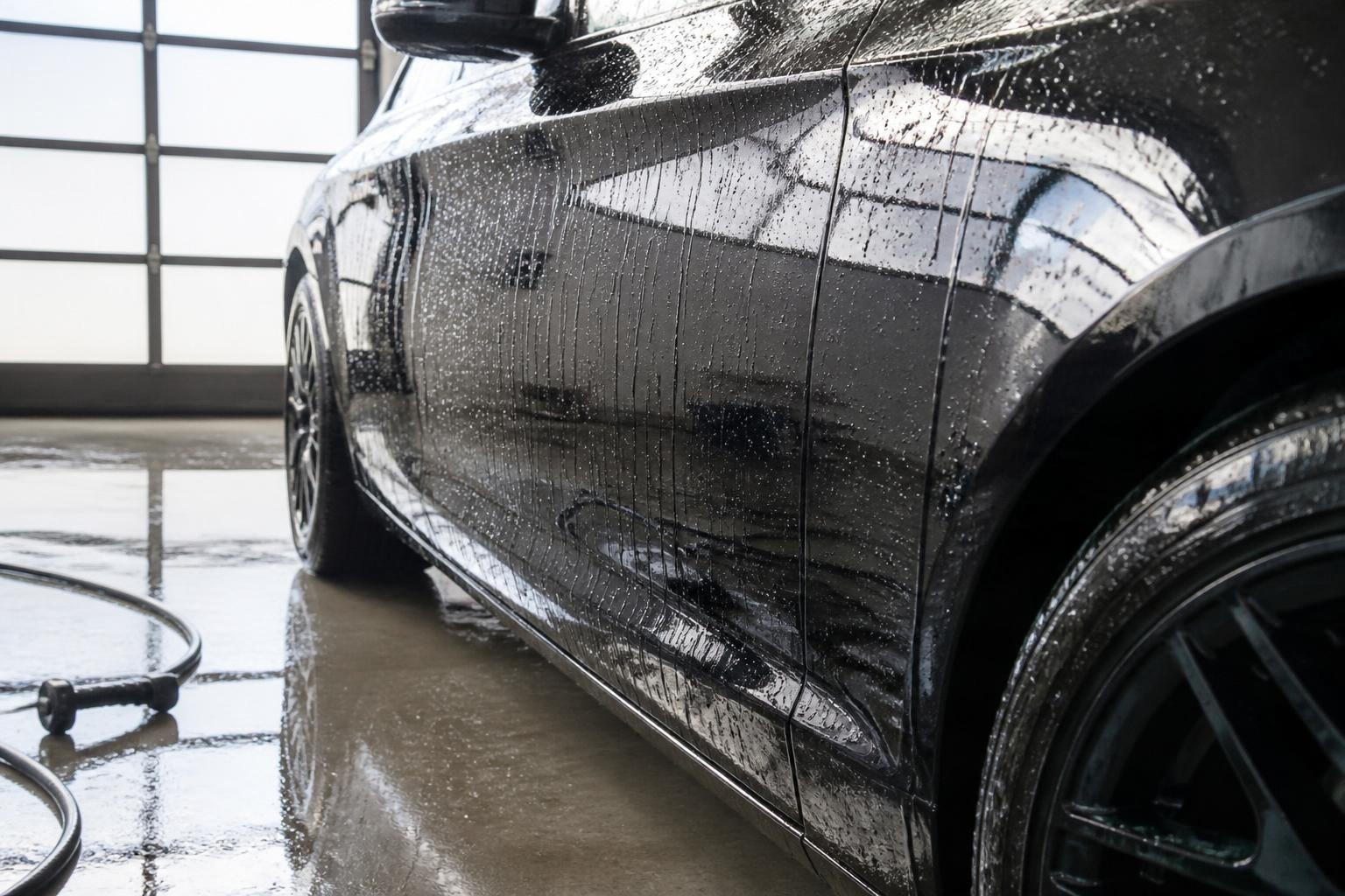 純水で車体をすすぎ洗いしている様子